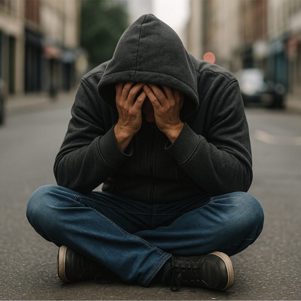 man zit op straat met een hoodie op zijn hoofd en zijn handen in zijn gezicht.